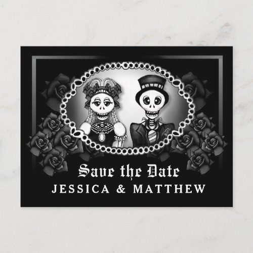 Halloween Wedding Black White Fun Skeletons Announcement Postcard