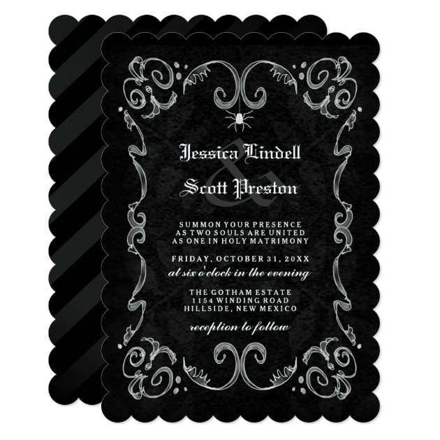 Halloween Wedding Black White Gothic STRIPED BACK Invitation