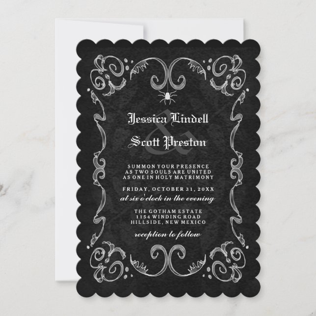 Halloween Wedding Black White Gothic STRIPED BACK Invitation (Front)