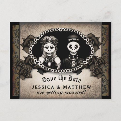 Halloween Wedding Brown Antique Skeletons Announcement Postcard