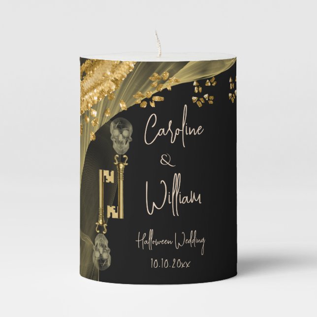 Halloween Wedding Glitter & Spooky Gold Skulls  Pillar Candle (Front)