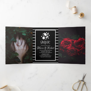 Halloween Wedding Gothic Stripes Skull Tri-Fold Invitation