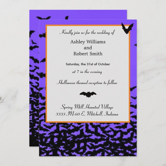 Halloween Wedding Invitation Flat Card Black Bats (Front/Back)