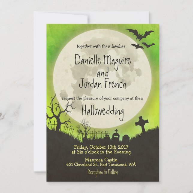 Halloween wedding invitation in green with moon (Front)
