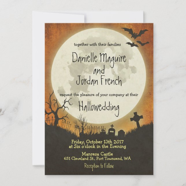 Halloween wedding invitation in orange with moon (Front)