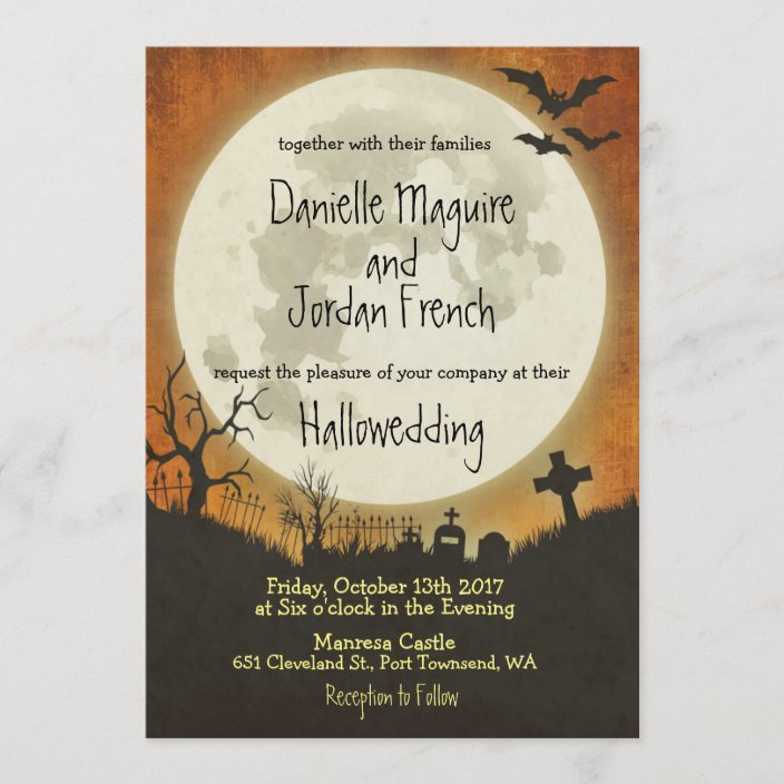 Halloween wedding invitation in orange with moon