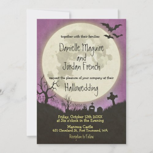 Halloween wedding invitation in purple with moon