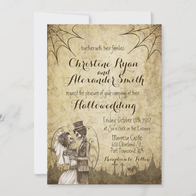 Halloween Wedding Invitation with Skeleton Couple (Front)