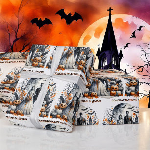 Halloween Wedding Personalize Names Bride & Groom Wrapping Paper