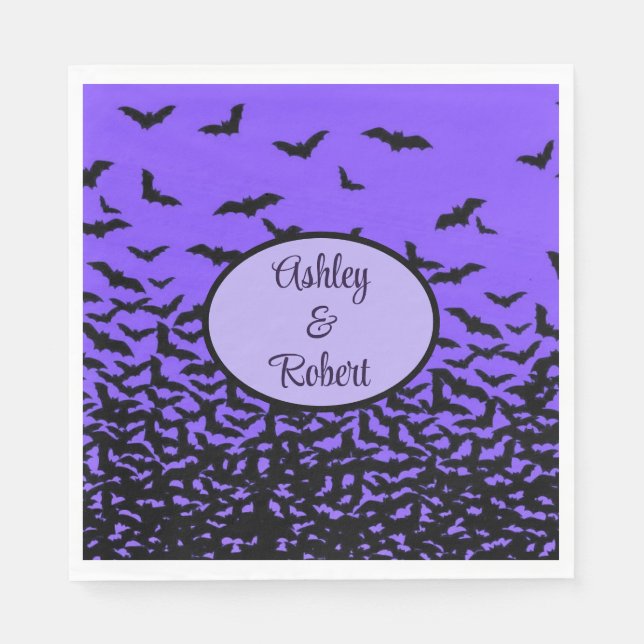 Halloween Wedding Personalize Names Fly Away Bats Napkins (Front)