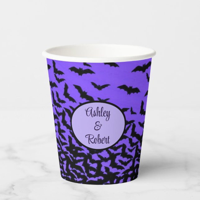 Halloween Wedding Personalize Names Fly Away Bats  Paper Cups (Front)