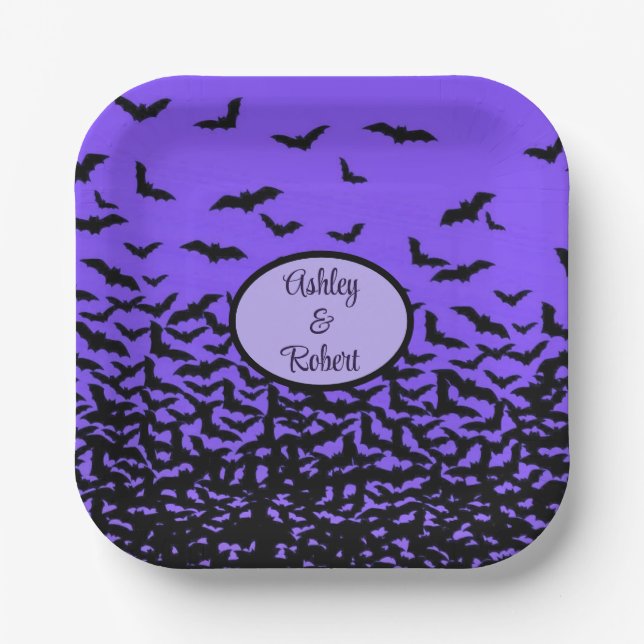 Halloween Wedding Personalize Names Fly Away Bats Paper Plates (Front)