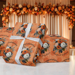 Halloween Wedding Personalize Names Pumpkin Mums Wrapping Paper