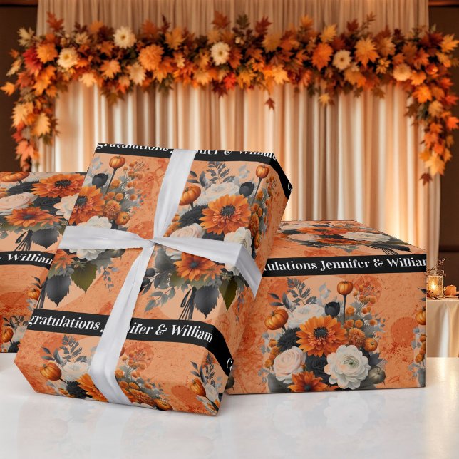 Halloween Wedding Personalize Names Pumpkin Mums Wrapping Paper (Creator Uploaded)