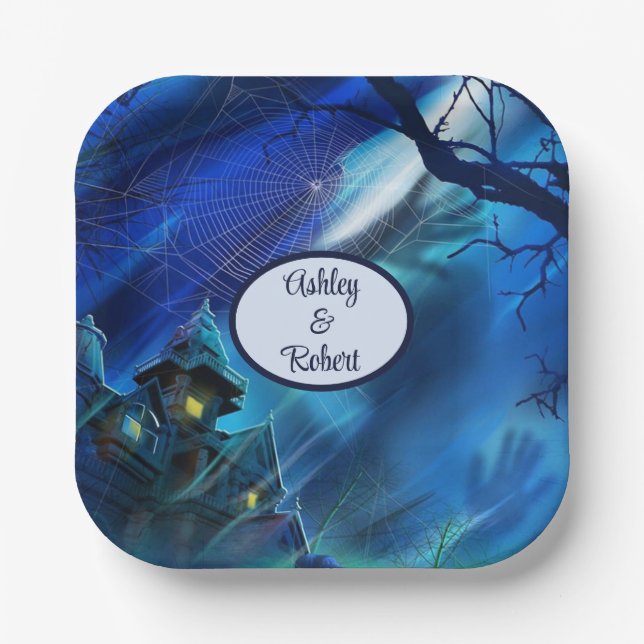 Halloween Wedding Personalize Names Spooky Haunts  Paper Plates (Front)