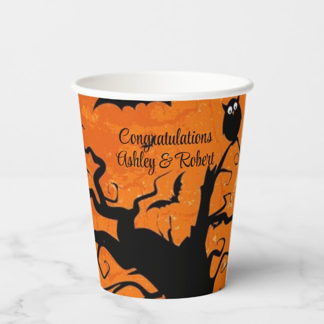 Halloween Wedding Personalize Names Spooky Tree Paper Cups (Back)