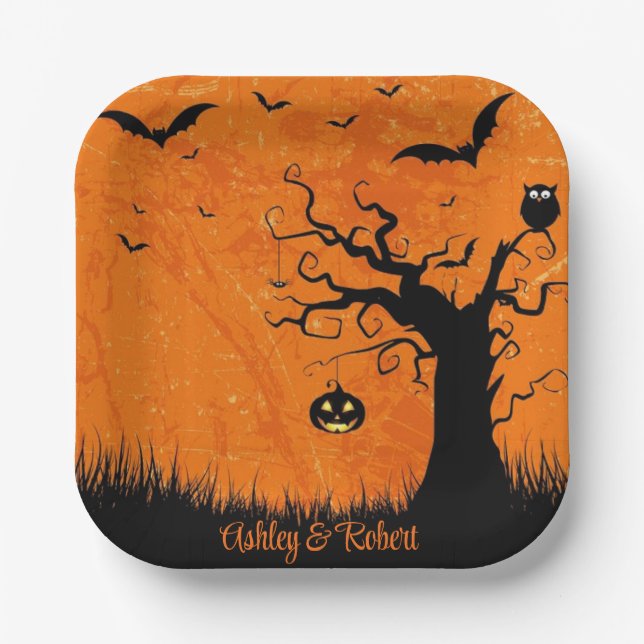 Halloween Wedding Personalize Names Spooky Tree Paper Plates (Front)