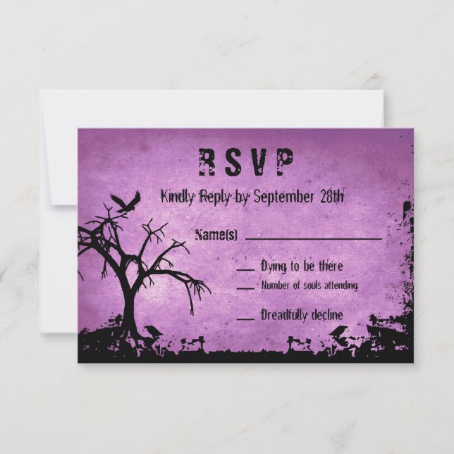 Halloween Wedding RSVP with spooky tree and crow (Front)