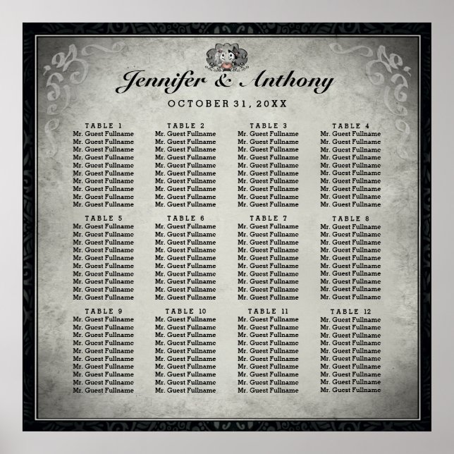 Halloween Wedding Skeletons Gray Seating Chart (Front)