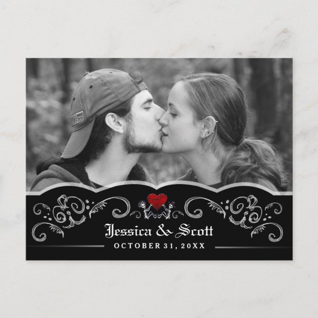 Halloween Wedding Skeletons Heart Photo Save Date Announcement Postcard (Front)
