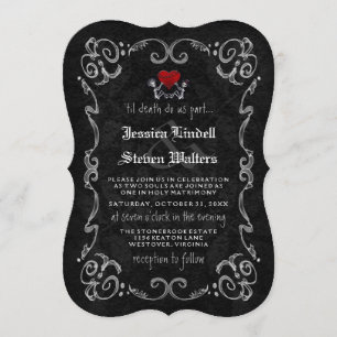 Halloween Wedding "TIL DEATH" Skeletons & Heart Invitation