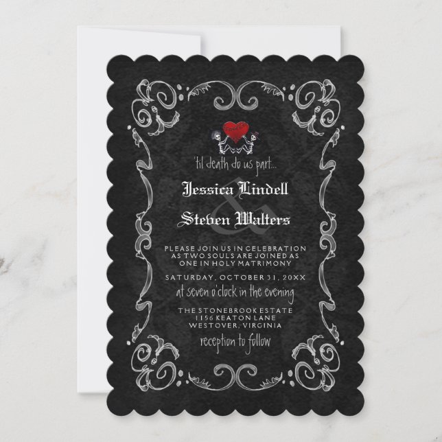 Halloween Wedding "TIL DEATH" Skeletons & Heart Invitation (Front)