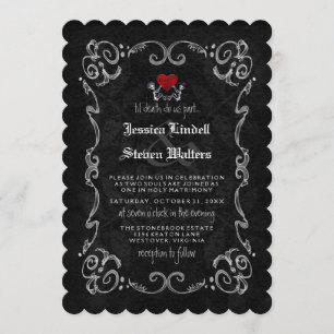 Halloween Wedding "TIL DEATH" Skeletons & Heart Invitation