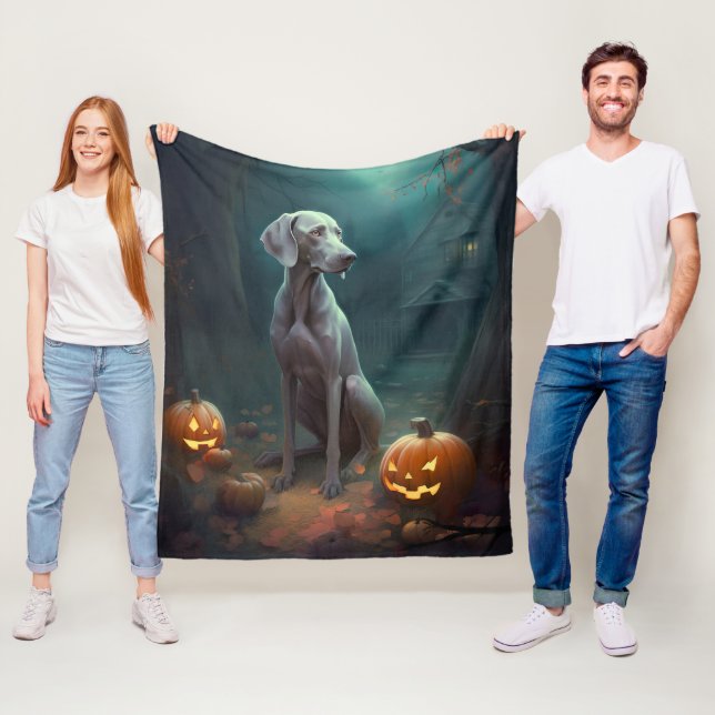 Halloween Weimaraner With Pumpkins Scary Fleece Blanket (In Situ)