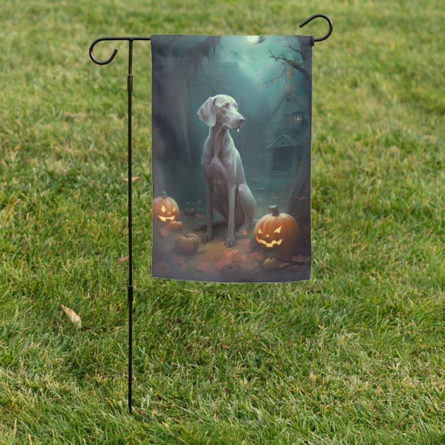 Halloween Weimaraner With Pumpkins Scary Garden Flag (In SItu)