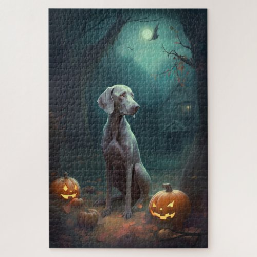 Halloween Weimaraner With Pumpkins Scary Jigsaw Puzzle