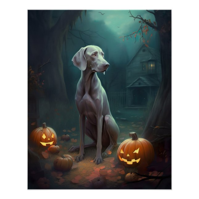 Halloween Weimaraner With Pumpkins Scary Poster (Front)