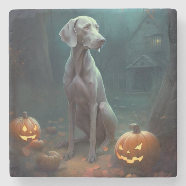 Halloween Weimaraner With Pumpkins Scary Stone Coaster (Front)