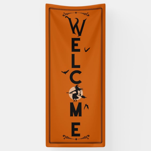 Halloween Welcome | Orange Witch Door Length Banner (Vertical)
