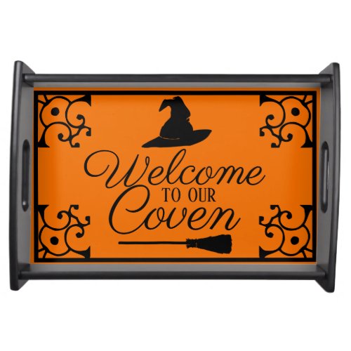 Halloween Welcome to Our Coven Witch Hat  Broom Serving Tray