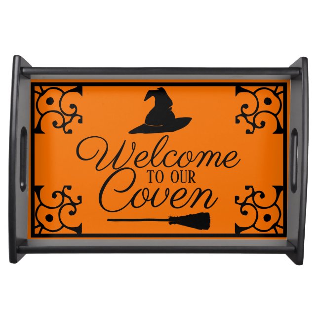 Halloween Welcome to Our Coven Witch Hat & Broom Serving Tray (Front)