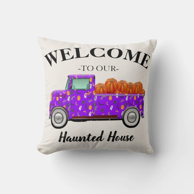 Halloween Welcome to Our Haunted House Throw Pillow (Front)