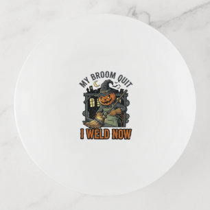Halloween Welder Shirt Funny Witch Broom Design_1 Trinket Tray
