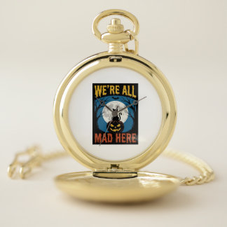Halloween Were All Mad Here Moon Cat Pumpkin Pocket Watch