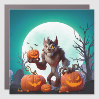 Halloween werewolf and pumpkins car magnet