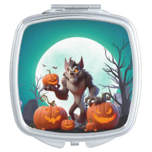Halloween werewolf and pumpkins compact mirror