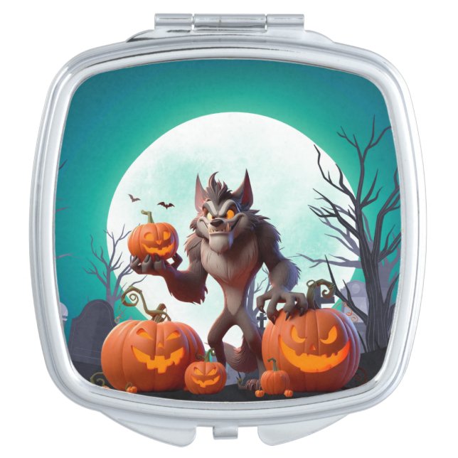 Halloween werewolf and pumpkins compact mirror (Front)
