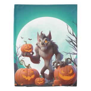 Halloween werewolf and pumpkins duvet cover