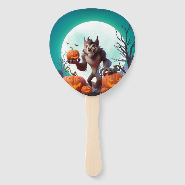 Halloween werewolf and pumpkins hand fan (Front)