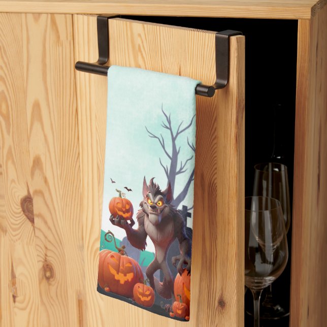 Halloween werewolf and pumpkins kitchen towel (Thirds Fold)