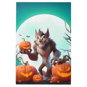 Halloween werewolf and pumpkins metal print