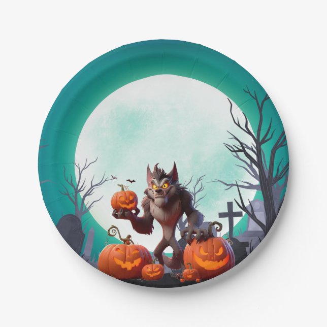 Halloween werewolf and pumpkins paper plates (Front)