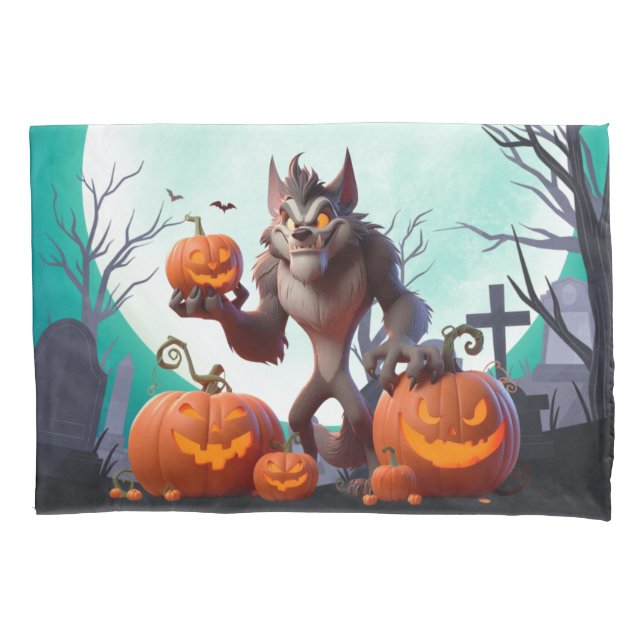 Halloween werewolf and pumpkins pillow case (Front)