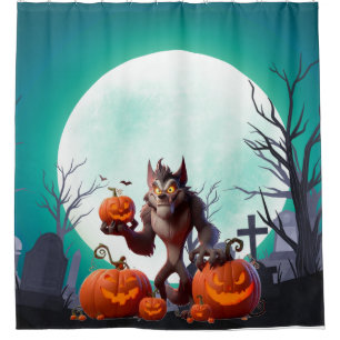 Halloween werewolf and pumpkins shower curtain