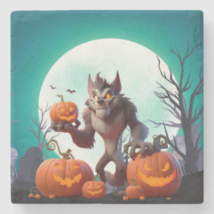 Halloween werewolf and pumpkins stone coaster
