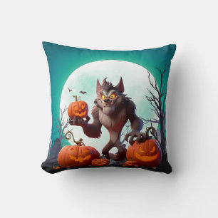 Halloween werewolf and pumpkins throw pillow
